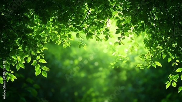 Fototapeta Bright Green Foliage in Sunlit Forest with Soft Bokeh Effect