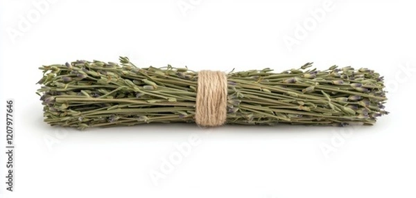Obraz A delicate bundle of dried lavender tied with natural twine lying flat on a solid white background, single object