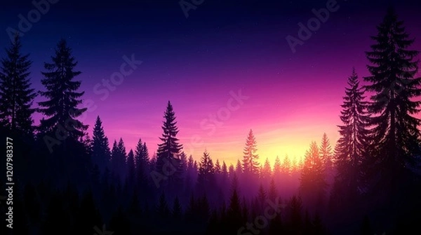 Fototapeta Vibrant Sunrise Over Forest Silhouette with Colorful Sky