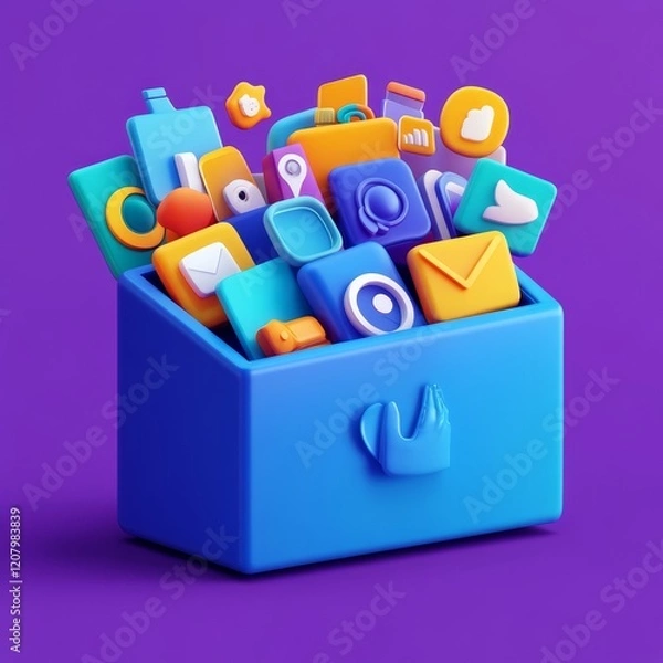 Fototapeta Overflowing blue box filled with colorful app icons on purple background.