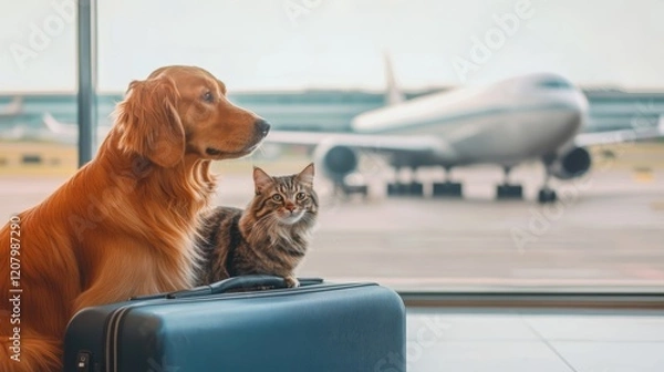 Obraz A dog and a cat are sitting on a suitcase in front of an airplane