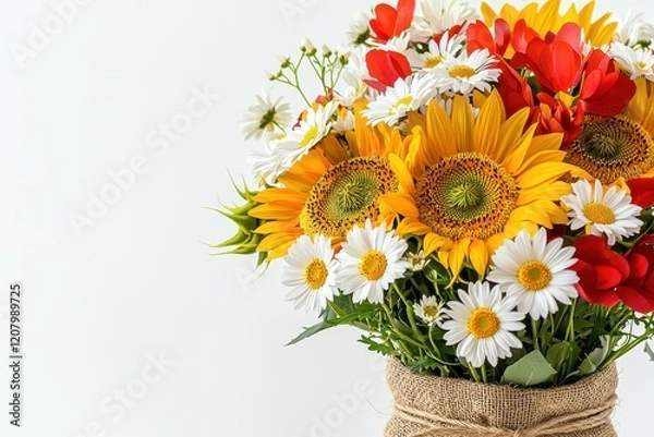 Fototapeta Vibrant Bouquet of Sunflowers and Daisies in Rustic Jute Bag