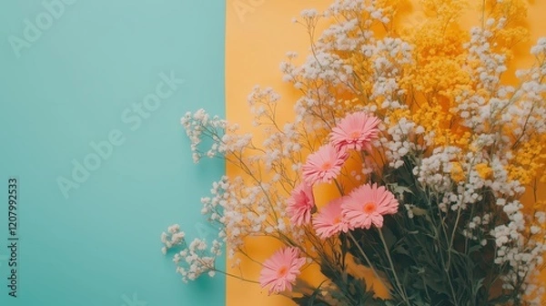 Fototapeta Pink gerberas paired with white and yellow gypsophila resting on two tone yellow and turquoise surface, highlighting delicate flower composition