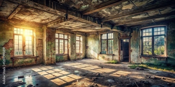 Fototapeta Sunlit Ruins of a Derelict Building, Showing the Passage of Time and Nature's Reclaim