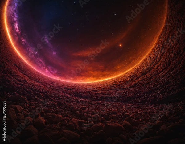 Obraz Abstract of Red Planet Surface with Starry Sky | Abstract Landscape with Cosmic Horizon | Alien World with Red Sky