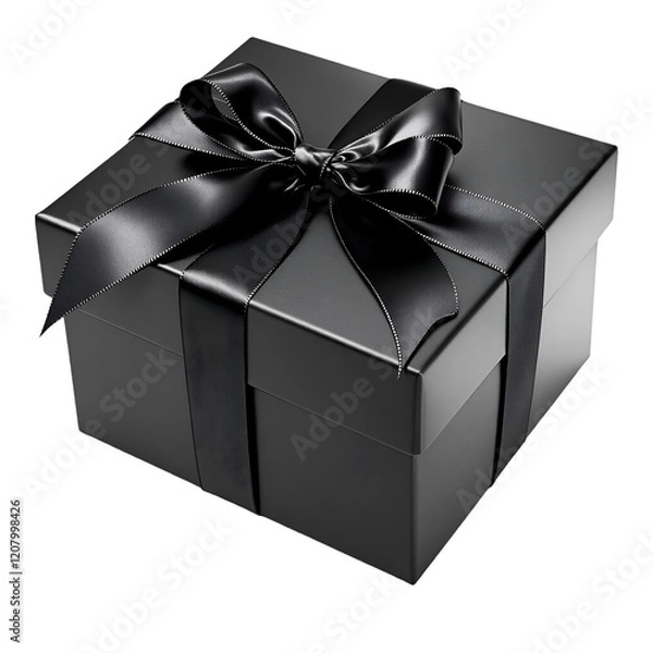 Obraz High-Contrast Black Gift Box with Large Satin Bow: Perfect for Sophisticated Product Photography and Studio Lighting