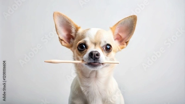 Fototapeta A small, adorable chihuahua dog holds a wooden stick in its mouth, displaying a curious and playful expression against a neutral background.