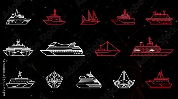 Fototapeta A collection of various ship icons in red and white on a black background, showcasing different types of vessels.