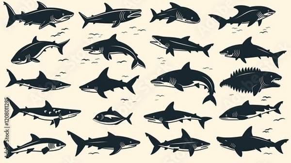 Fototapeta A collection of various shark illustrations showcasing different species in a stylized format.