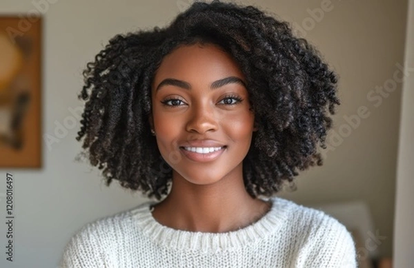 Fototapeta Portrait of a smiling woman with curly hair in a cozy setting