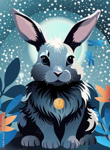 Obraz Cute rabbit with orange flowers under the moon on the blue background