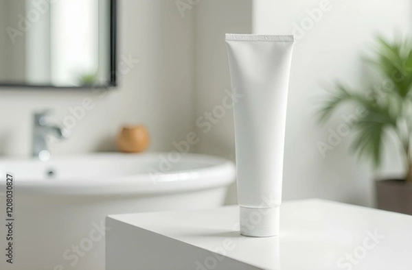 Obraz Mockup of white cosmetics cream tube without labels in bathroom