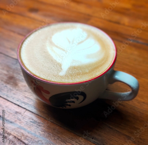 Fototapeta a cup of latte coffee on a wooden table