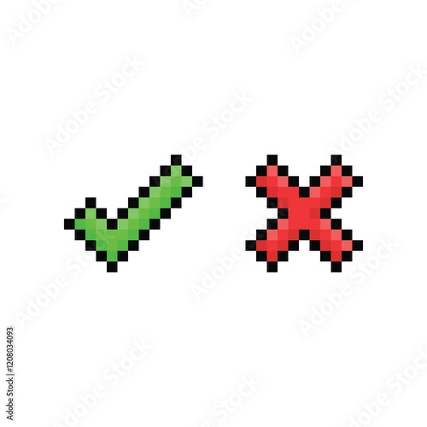 Fototapeta Pixel checkmark icons set isolated on white background. Green tick and red cross checkmarks buttons in flat style. Yes or No confirm or reject signs.