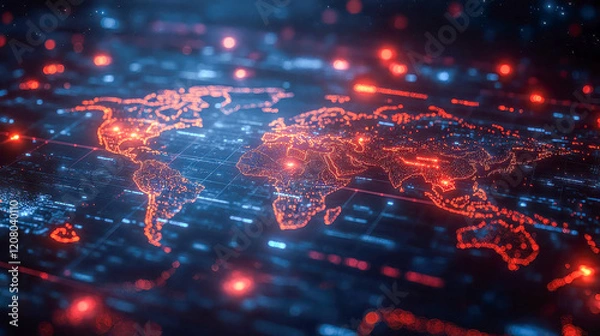Fototapeta A glowing digital map of the world with highlighted business connections and networks