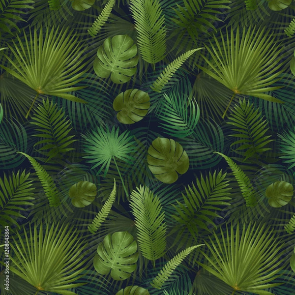 Fototapeta A seamless pattern featuring vibrant green tropical leaves and palm leaves on a dark background. Perfect for fabric prints, wallpapers, packaging, and digital designs, adding a lush and exotic touch