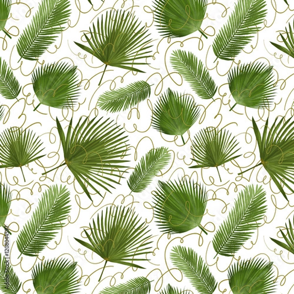 Fototapeta A seamless pattern featuring lush green tropical leaves, including palm leaves, creating a fresh and vibrant botanical design. Perfect for textiles, wallpapers, packaging, stationery, and digital back