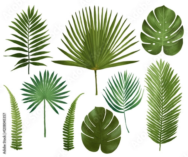 Fototapeta A collection of hand-drawn tropical leaf illustrations, highlighting the beauty of palm leaves and exotic greenery. Ideal for creative projects, print designs, and nature-inspired decor.