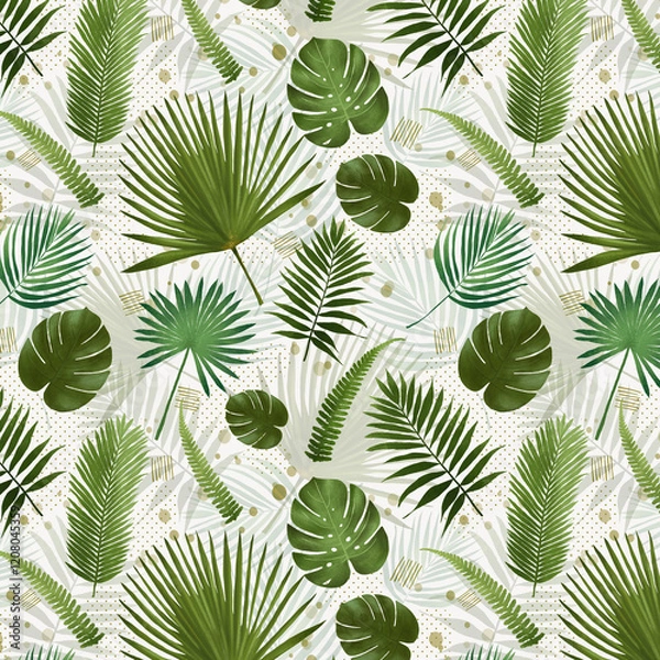 Fototapeta A seamless pattern featuring lush green tropical leaves, including palm leaves, creating a fresh and vibrant botanical design. Perfect for textiles, wallpapers, packaging, stationery, and digital back