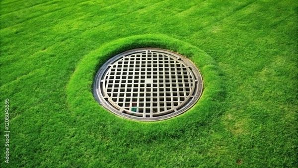 Fototapeta A circular metal grate inset into a vibrant green lawn