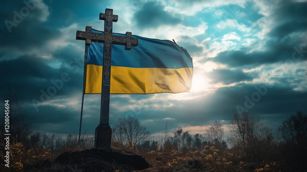 Obraz The Ukrainian flag is flying in the background of an old cross, against dark clouds.