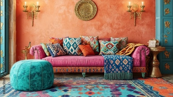 Fototapeta A colorful boho-style living area with a fuchsia and turquoise sofa