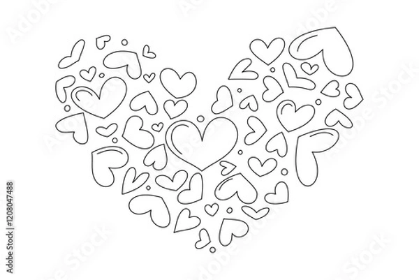 Fototapeta hand drawn little hearts in a big heart. Linear figures for Valentine's Day. Children's coloring-anti-stress