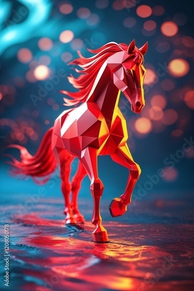 Fototapeta Geometric Red Horse Walking Across Reflective Water with Glowing Bokeh Background
