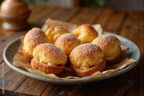 Fototapeta Delicious cream puffs dusted with powdered sugar on a rustic wooden table