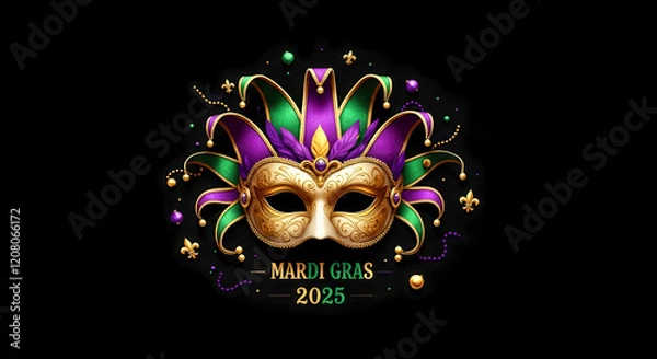 Fototapeta A detailed Mardi Gras mask with a jester hat design, fleur-de-lis symbols, beads, and "Mardi Gras 2025" text, set against a dark background, celebrating the festive spirit