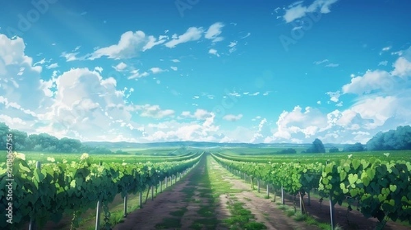 Fototapeta A sprawling vineyard with rows of grapevines stretching to the horizon under a clear sky. 35mm, f22, cinematic, wide angle lens