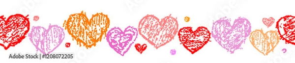 Fototapeta Valentine's day seamless pattern, border or background with red pink hearts. Bright vibrant like kids hand drawing doodle funny style. Crayon, pastel chalk or pencil. Cartoon art simple banner frame