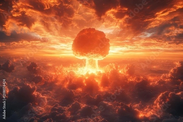 Fototapeta aweinspiring atomic detonation mushroom cloud at dawn volumetric lighting piercing through swirling plasma hyperdetailed cinematic composition with intense orange and red hues