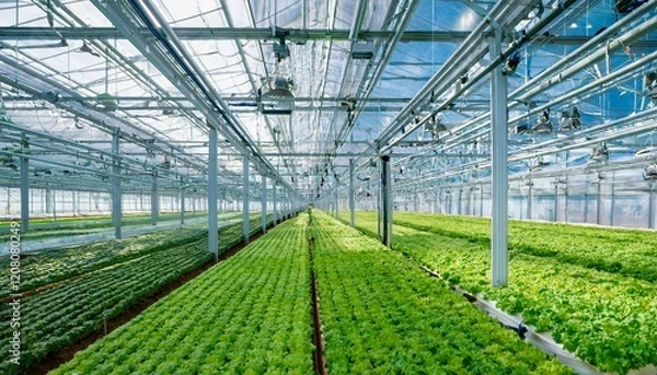 Obraz 스마트팜 현대식 농업 온실 내부, 수경 재배 장치와 자동화된 물 분배 시스템