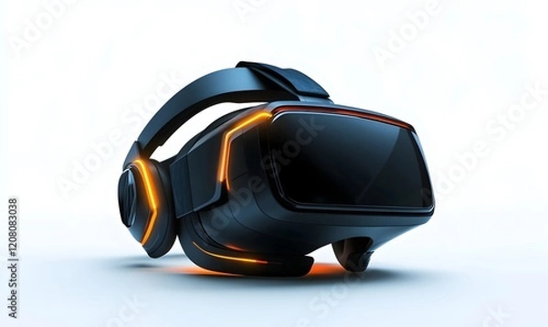 Fototapeta Futuristic VR headset, studio shot, glowing, white background, tech demo