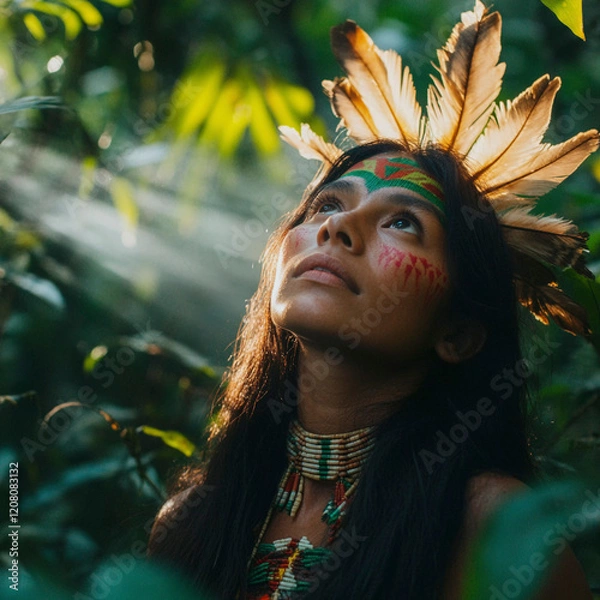 Obraz Amazonian woman in tribal attire standing in dense rainforest, Generative AI