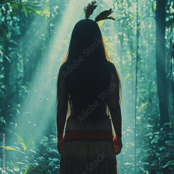 Obraz Amazonian woman in tribal attire standing in dense rainforest, Generative AI