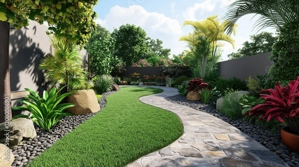 Fototapeta The soft, green lawn flows between the neatly arranged stone edge and the lush garden beds, highlighting a seamless blend of natural textures.