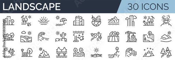 Fototapeta Set of 30 outline icons related to landscape.  Linear icon collection. Editable stroke. Vector illustration	