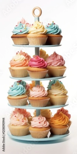 Fototapeta Colorful Cupcake Stand with Racked Cupcake and Frosting, Isolated on White Background. Perfect for decorating your party or events