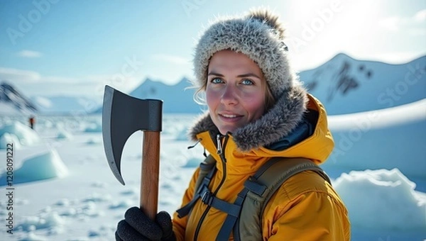 Obraz portrait of a girl in the Antarctic, cold weather, snow mountains