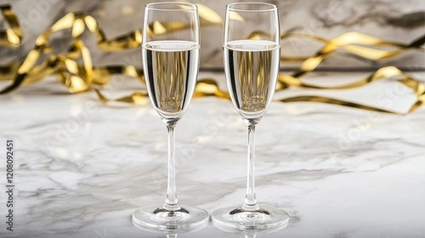 Fototapeta A pair of champagne glasses on a clean table with gold streamers in the background