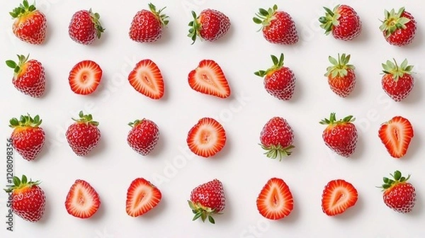 Fototapeta Assorted Strawberries Whole and Sliced Portions on White Background