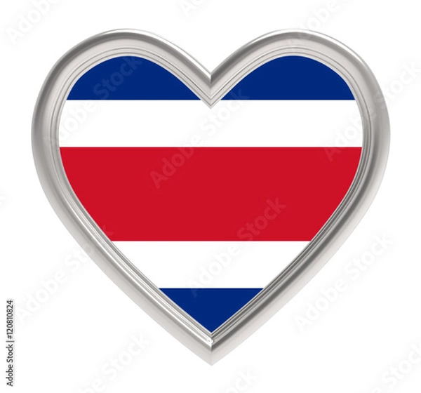 Fototapeta Costa Rica flag in silver heart isolated on white background. 3D illustration.