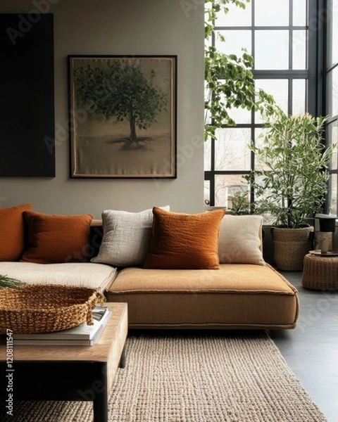 Fototapeta Modern Living Room with Natural Elements: A minimalist living space with a cozy sectional sofa, a large window showcasing natural light, and earthy tones.
