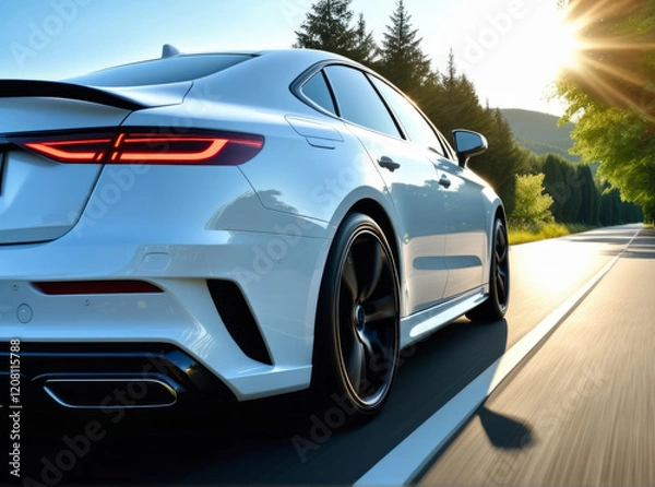Obraz Luxury sedan driving on a scenic road during sunset surrounded by trees and mountains