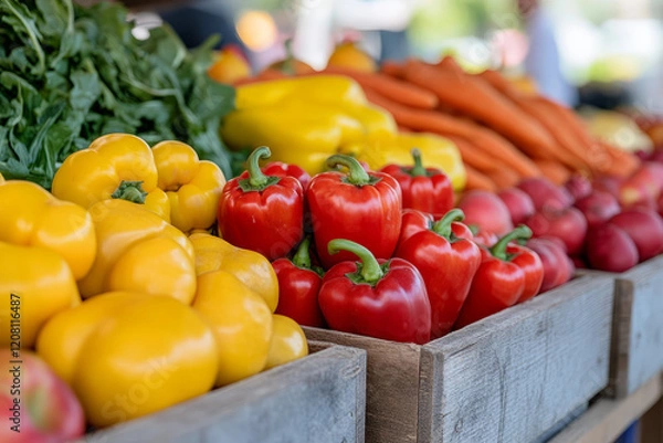 Obraz Colorful assortment of fresh vegetables displayed in wooden boxes at a market