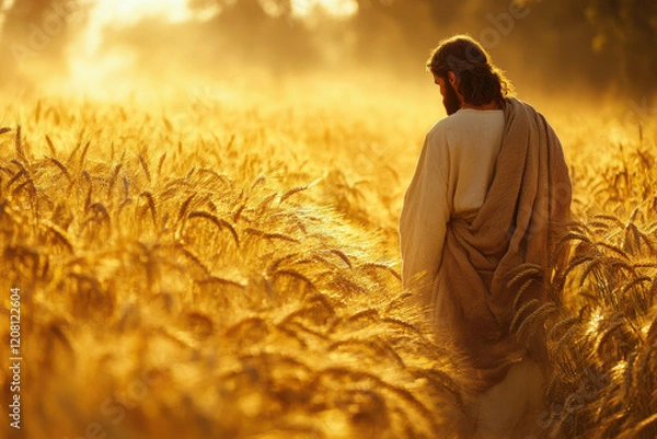 Fototapeta Jesus Christ walking through a golden wheat field at sunrise symbolizing peace, spiritual journey, and divine presence