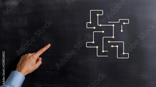 Obraz A hand pointing at a complex maze design drawn in white on a black chalkboard, symbolizing problem-solving and innovative thinking.