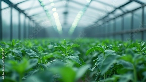 Fototapeta futuristic greenhouse where genetically modified crops thrive under controlled led lighting clean and minimalistic
